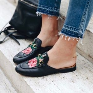 Black rose floral embroidered loafers flats mules